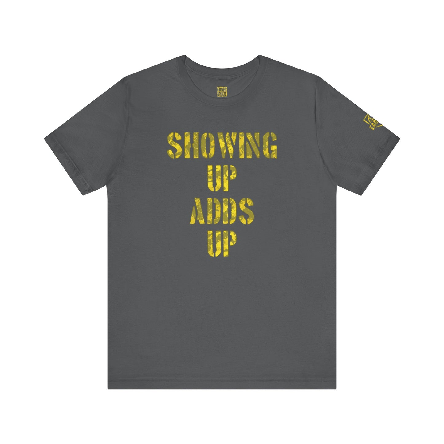 SHOWING UP ADDS UP Adult Tee (Yellow Camo Logo)