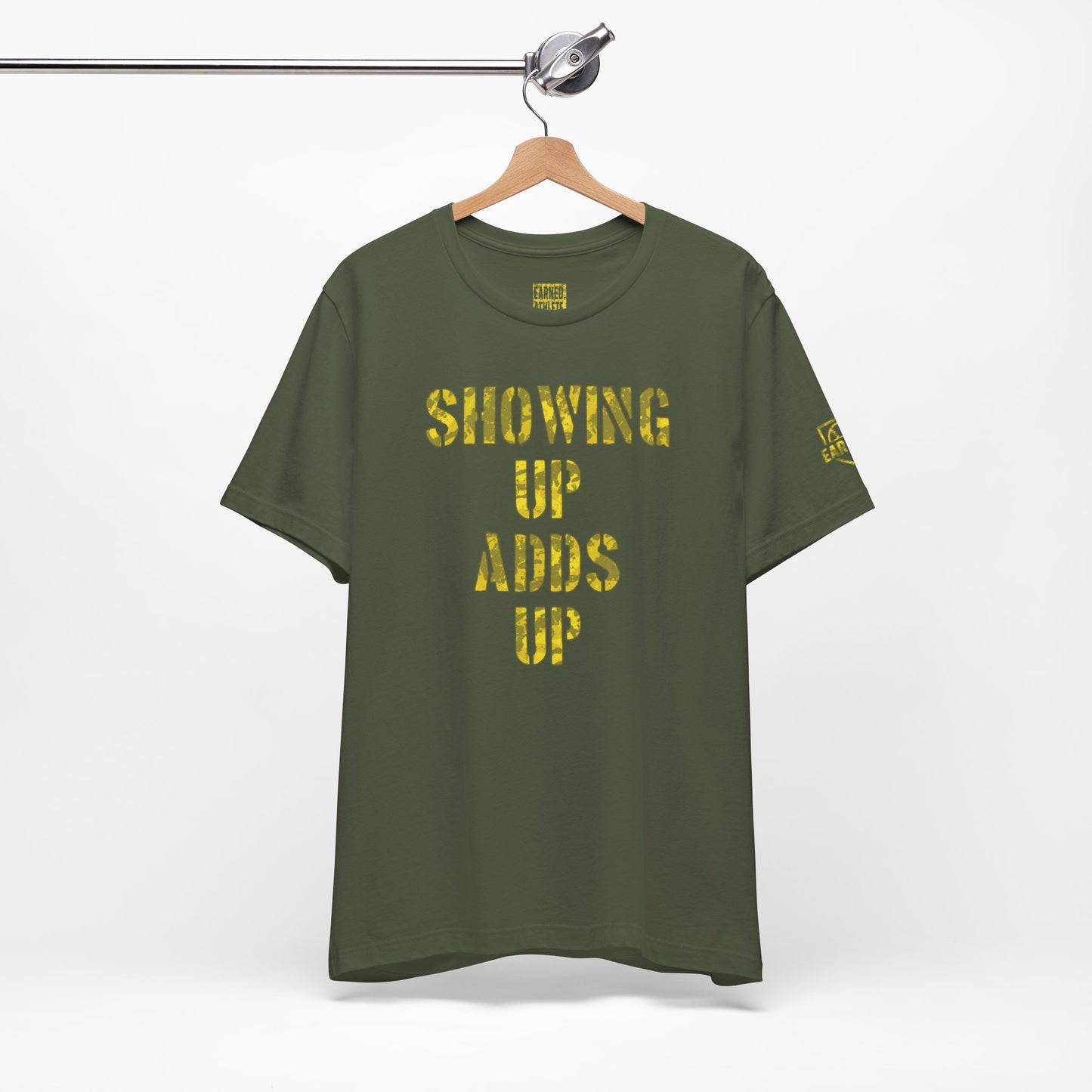 SHOWING UP ADDS UP Adult Tee (Yellow Camo Logo)