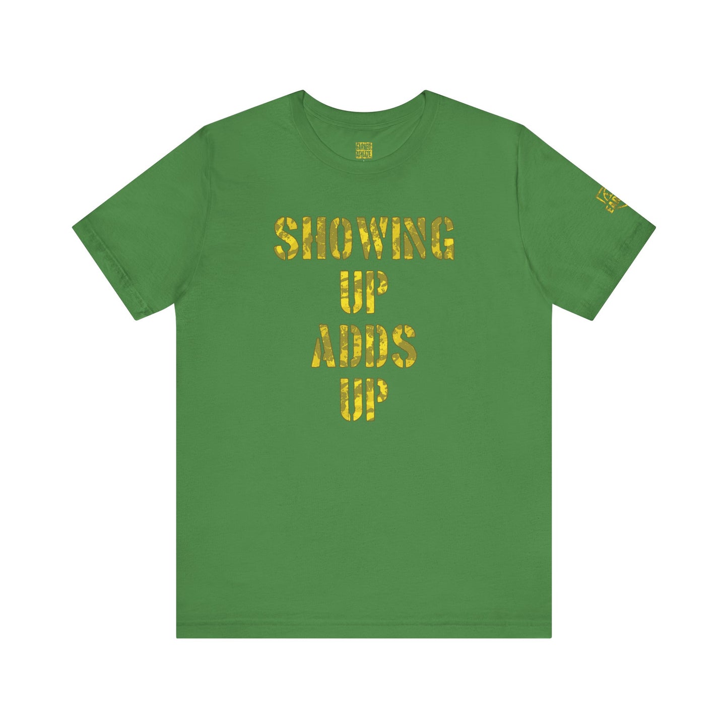 SHOWING UP ADDS UP Adult Tee (Yellow Camo Logo)