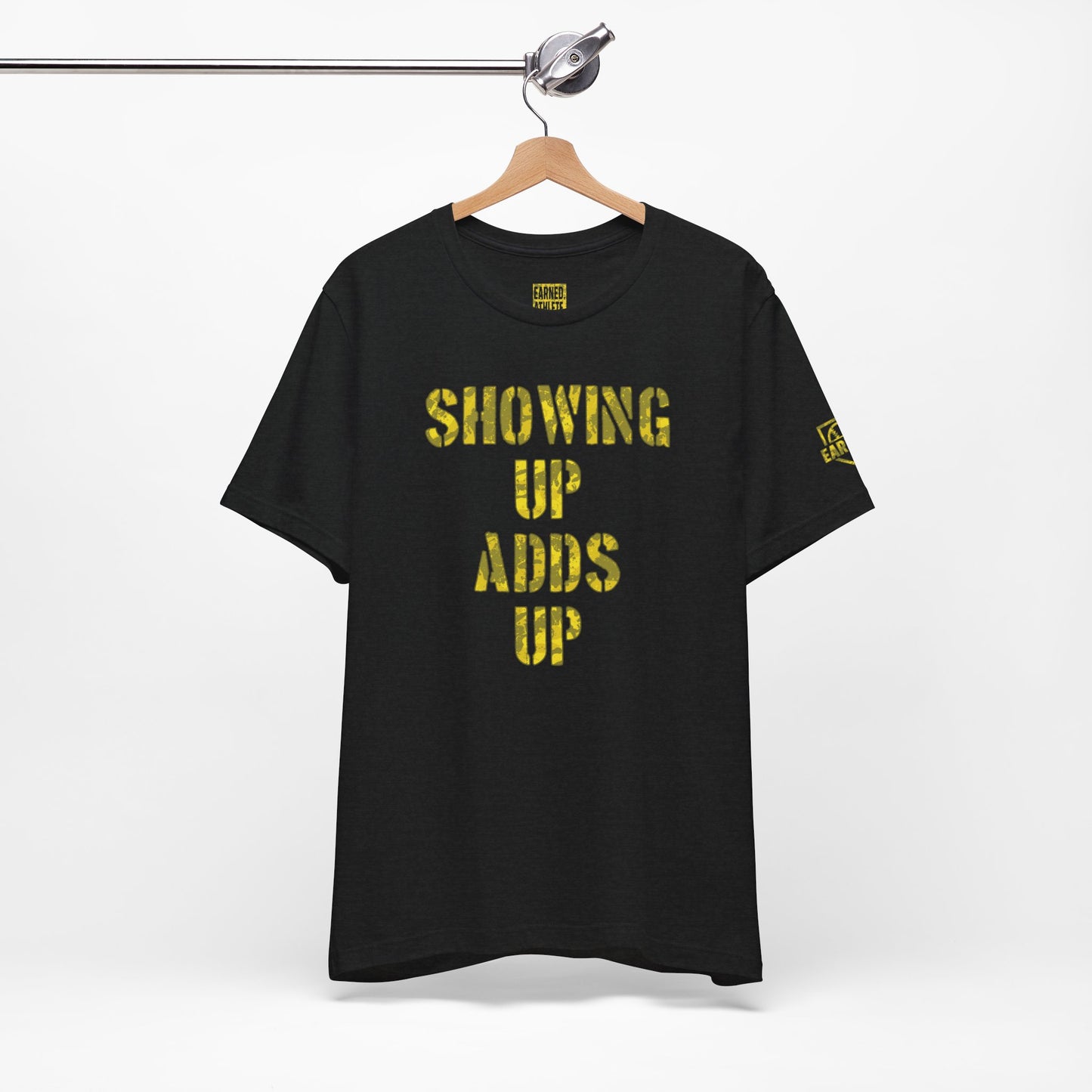 SHOWING UP ADDS UP Adult Tee (Yellow Camo Logo)