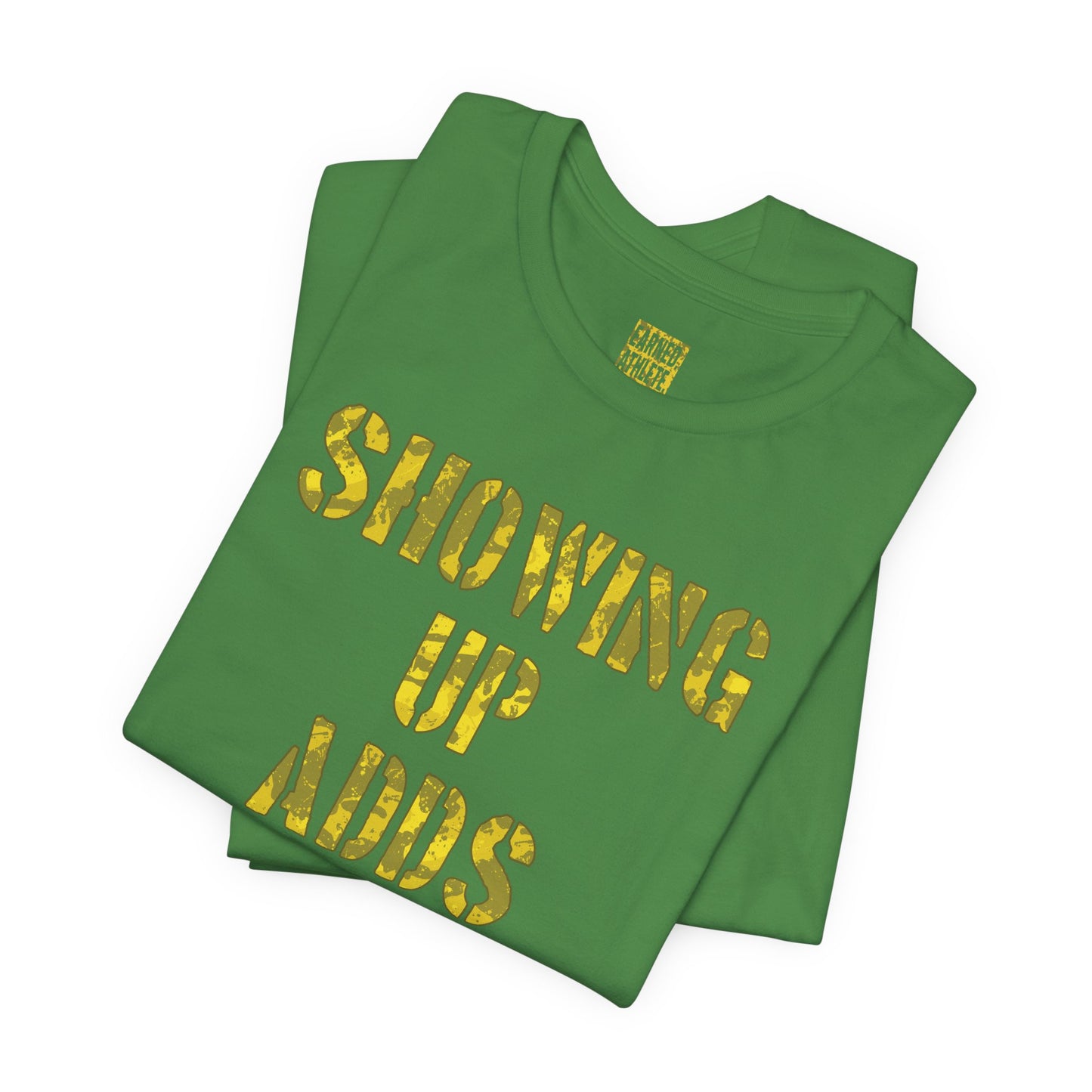 SHOWING UP ADDS UP Adult Tee (Yellow Camo Logo)