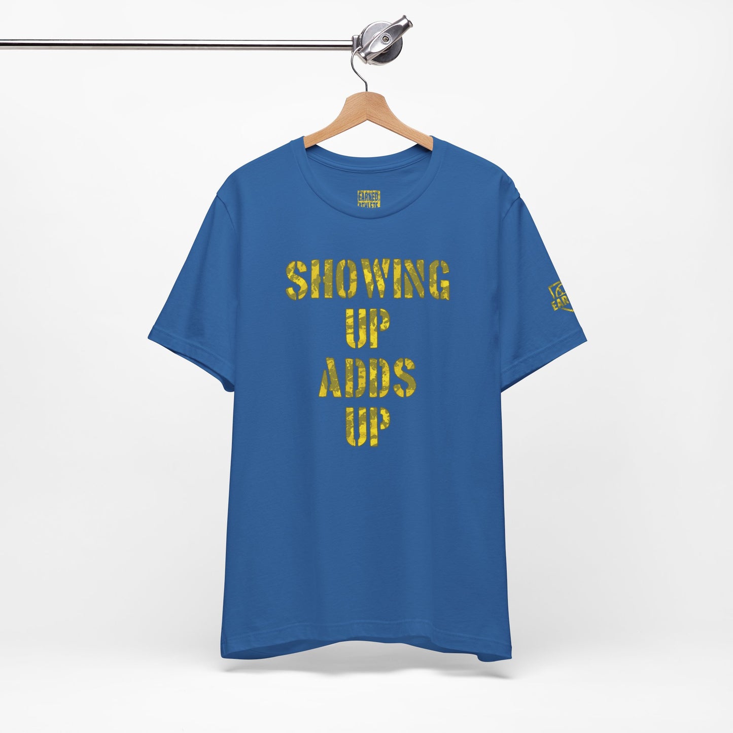 SHOWING UP ADDS UP Adult Tee (Yellow Camo Logo)
