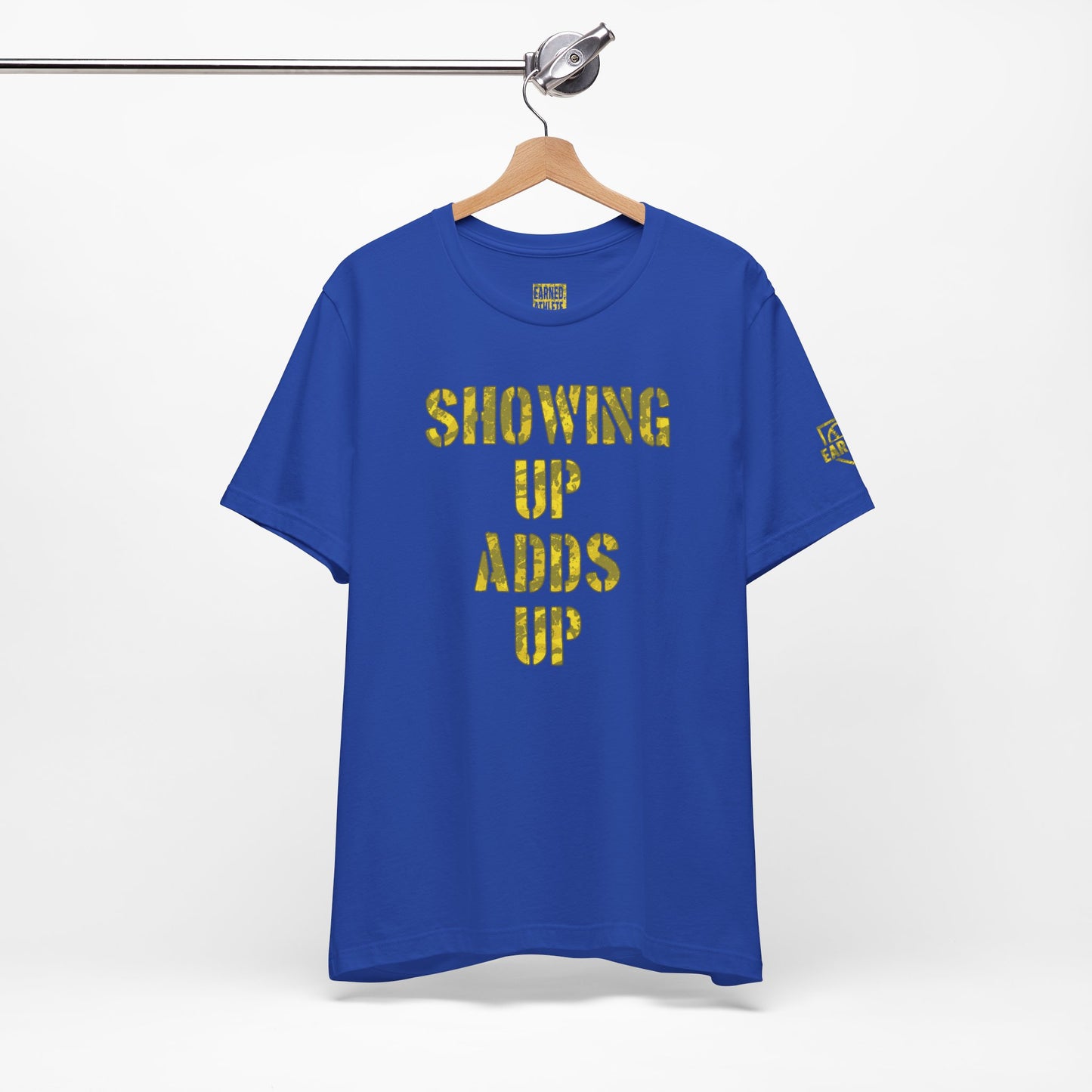 SHOWING UP ADDS UP Adult Tee (Yellow Camo Logo)
