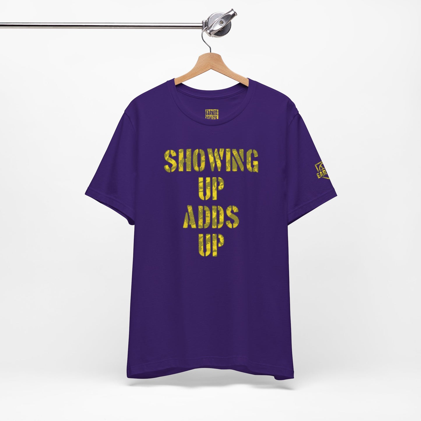 SHOWING UP ADDS UP Adult Tee (Yellow Camo Logo)