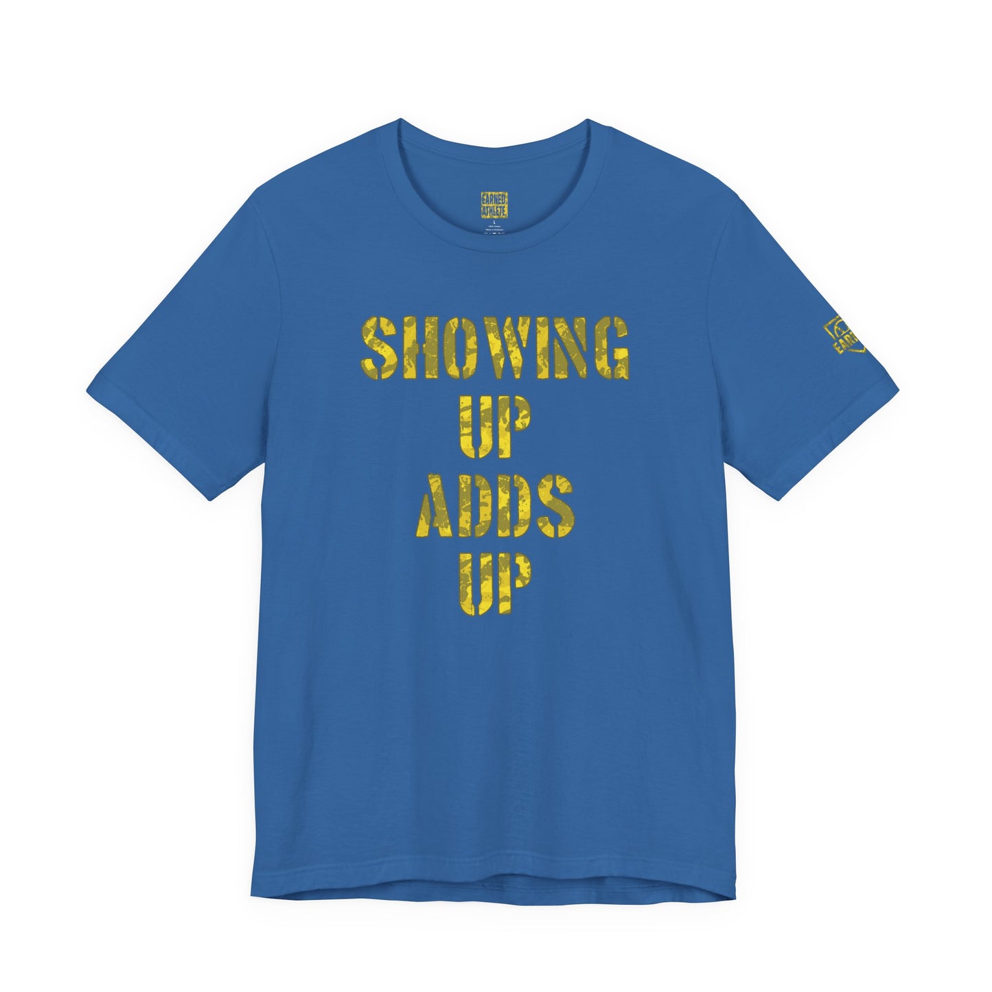 SHOWING UP ADDS UP Adult Tee (Yellow Camo Logo)