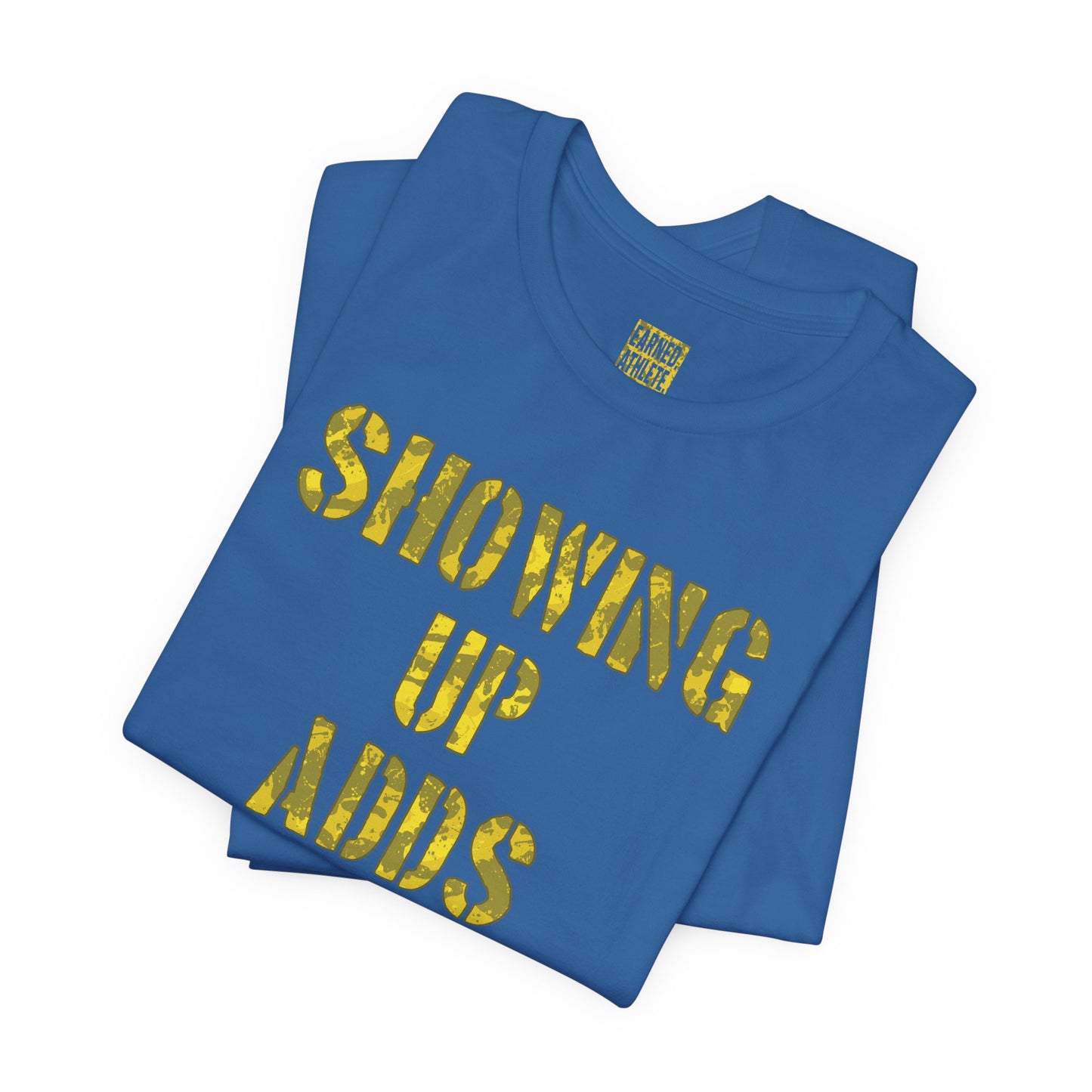 SHOWING UP ADDS UP Adult Tee (Yellow Camo Logo)