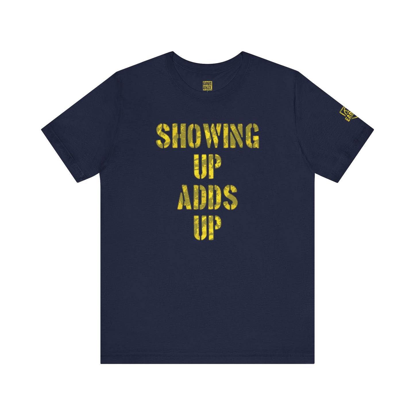 SHOWING UP ADDS UP Adult Tee (Yellow Camo Logo)