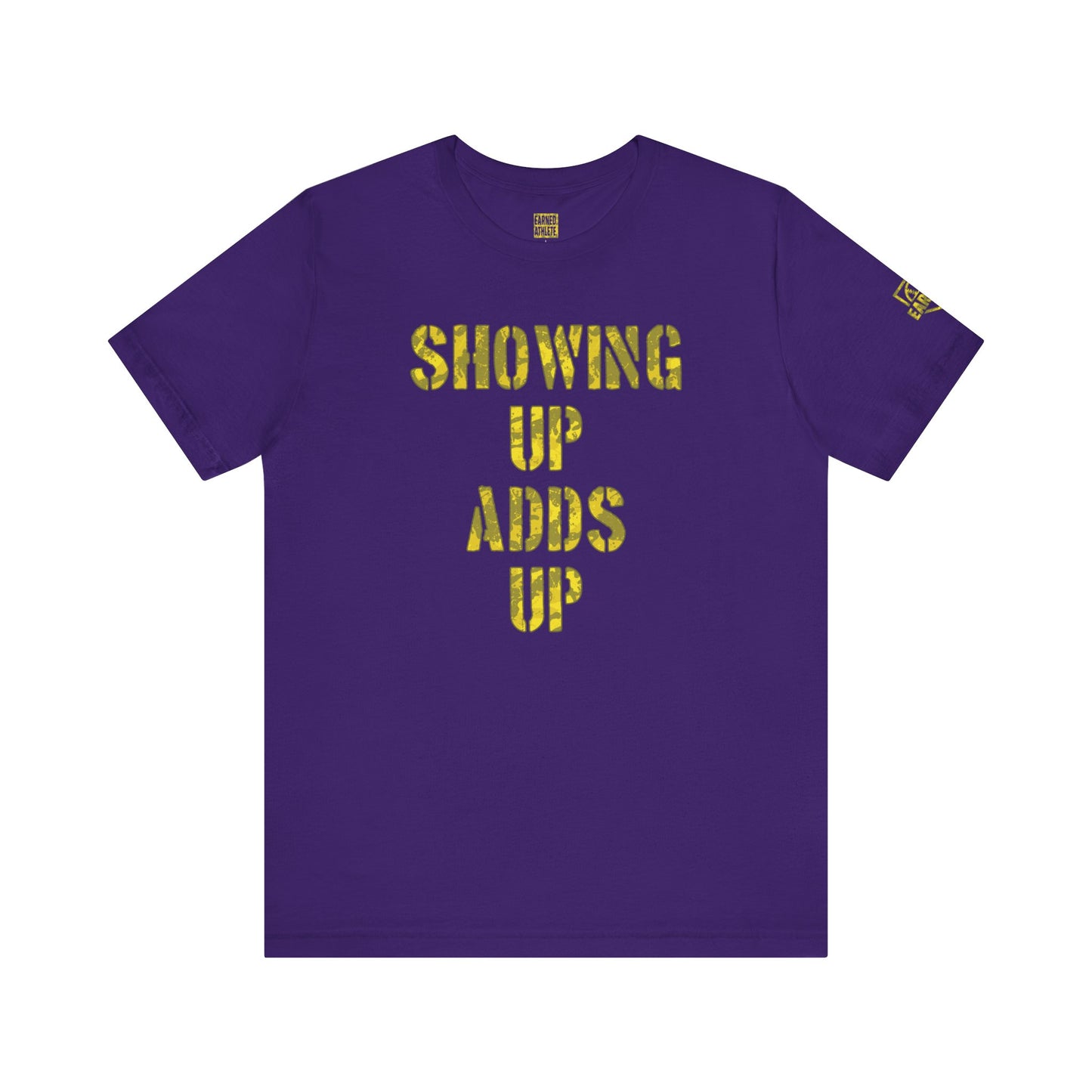 SHOWING UP ADDS UP Adult Tee (Yellow Camo Logo)