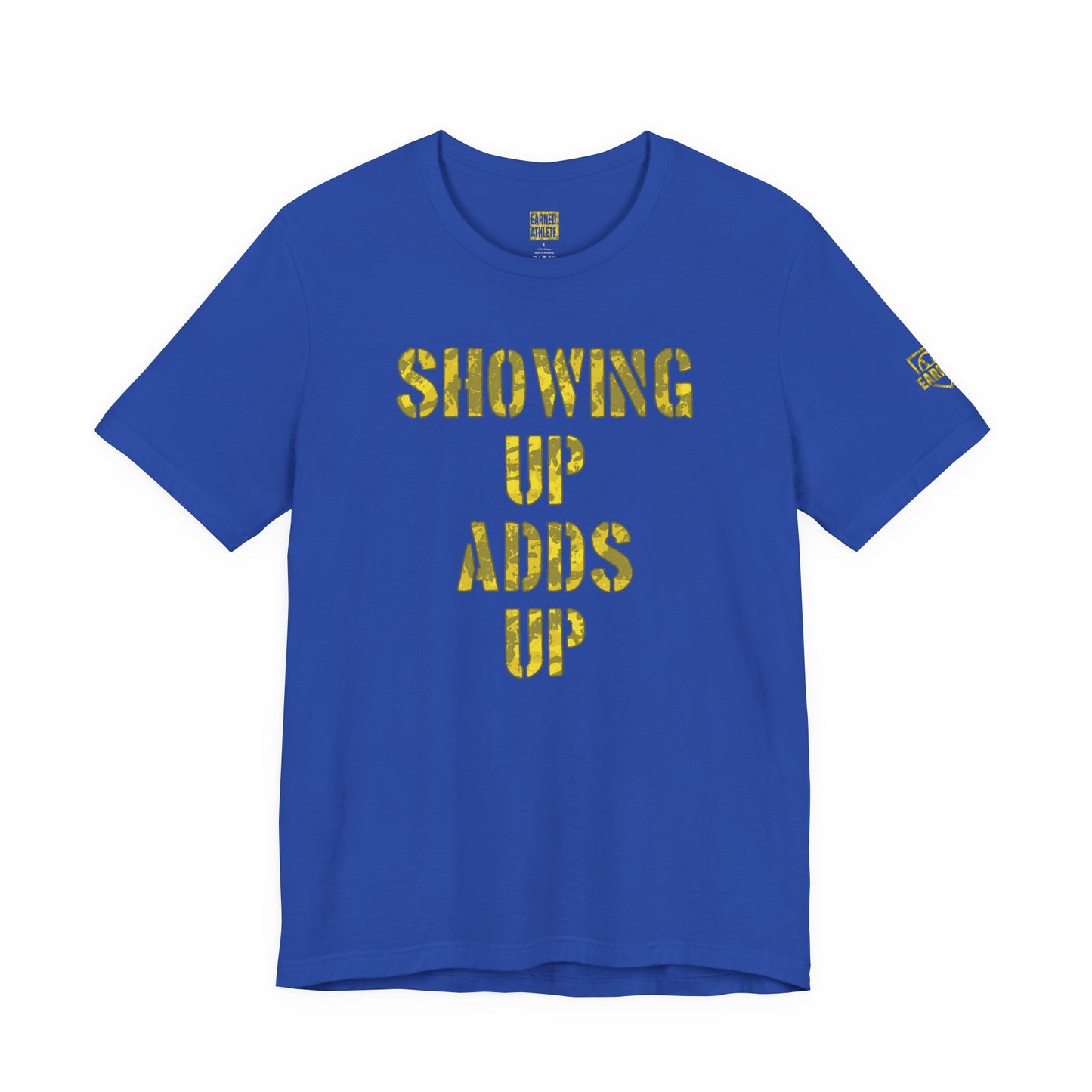 SHOWING UP ADDS UP Adult Tee (Yellow Camo Logo)