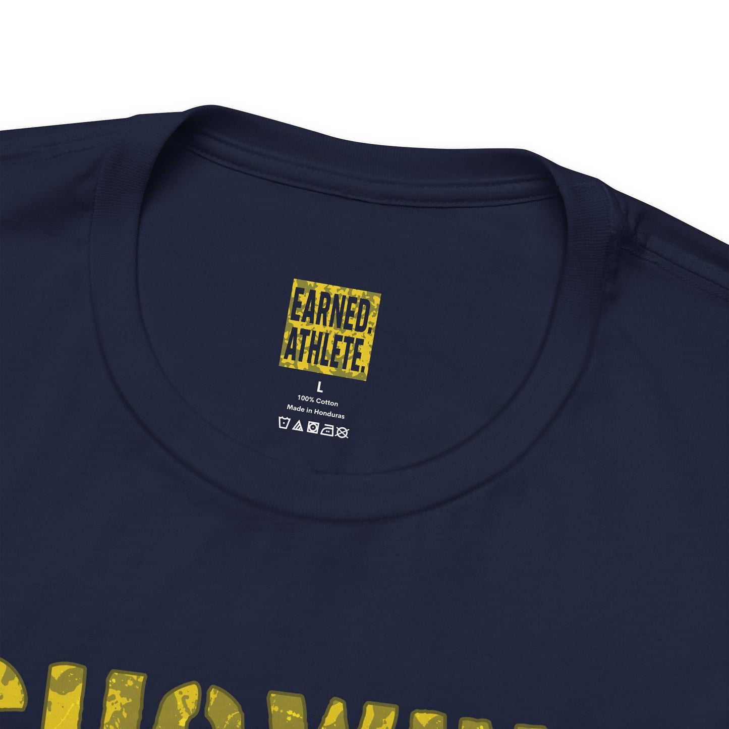 SHOWING UP ADDS UP Adult Tee (Yellow Camo Logo)