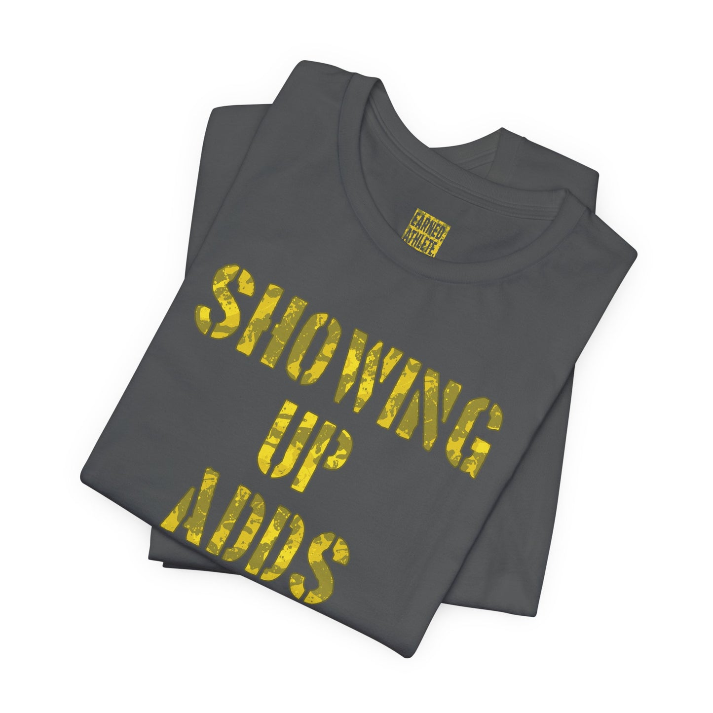 SHOWING UP ADDS UP Adult Tee (Yellow Camo Logo)