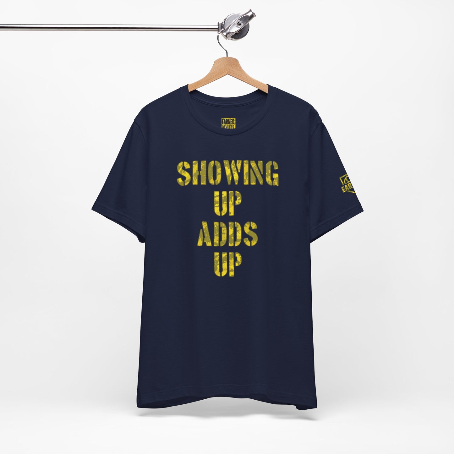 SHOWING UP ADDS UP Adult Tee (Yellow Camo Logo)