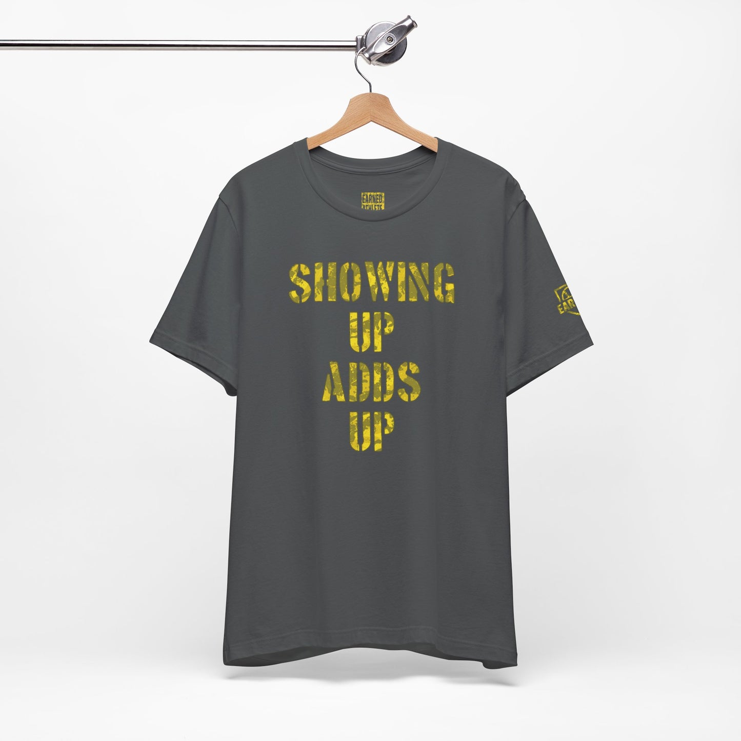 SHOWING UP ADDS UP Adult Tee (Yellow Camo Logo)