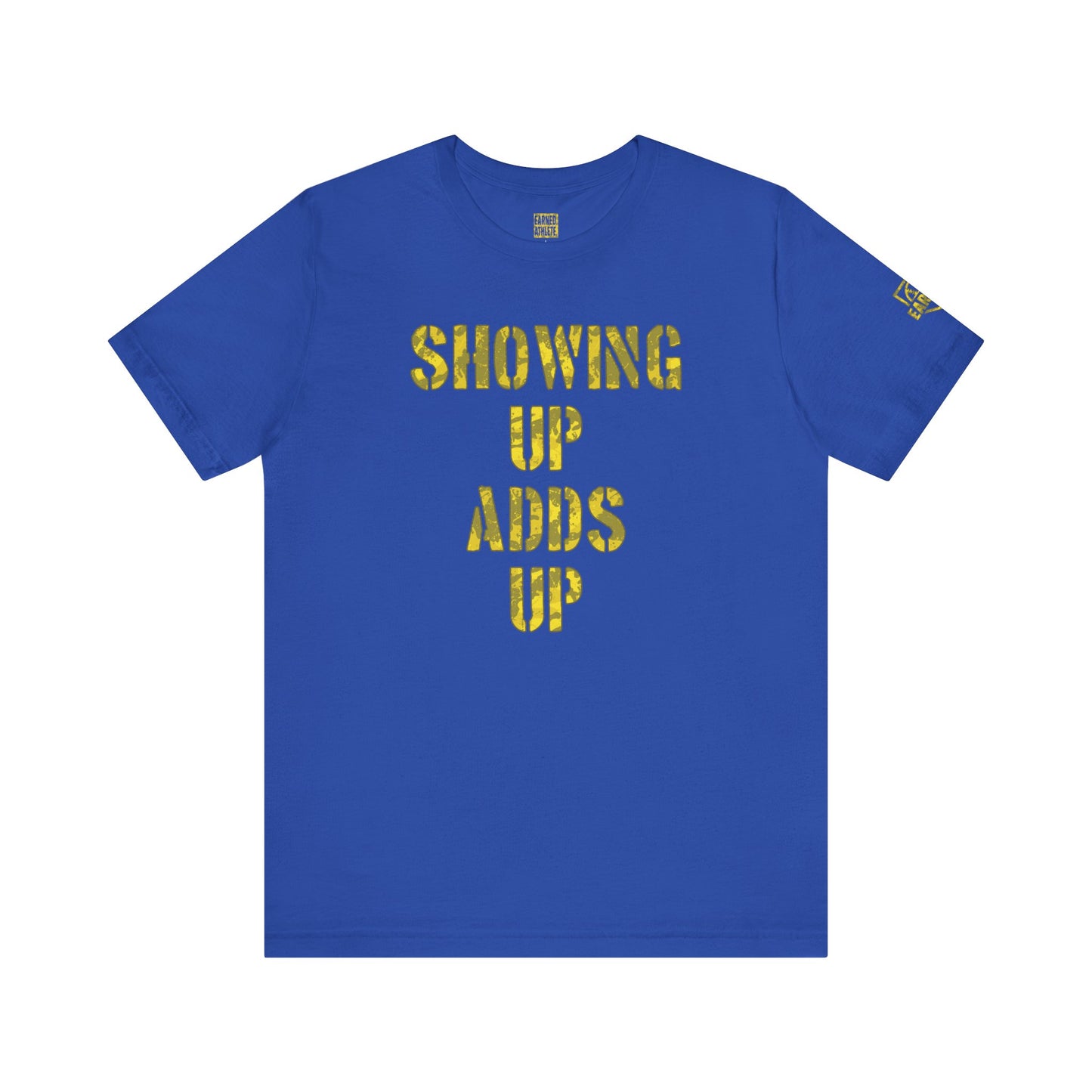SHOWING UP ADDS UP Adult Tee (Yellow Camo Logo)