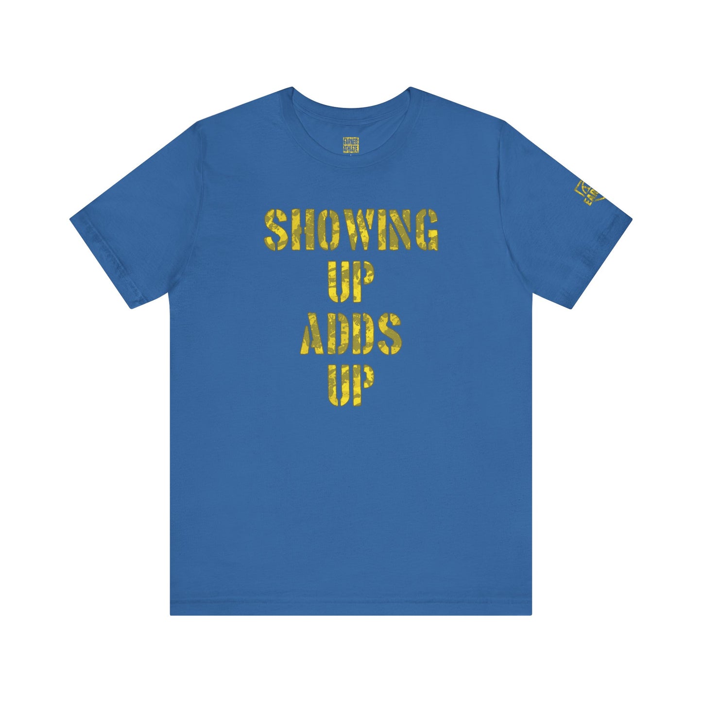 SHOWING UP ADDS UP Adult Tee (Yellow Camo Logo)