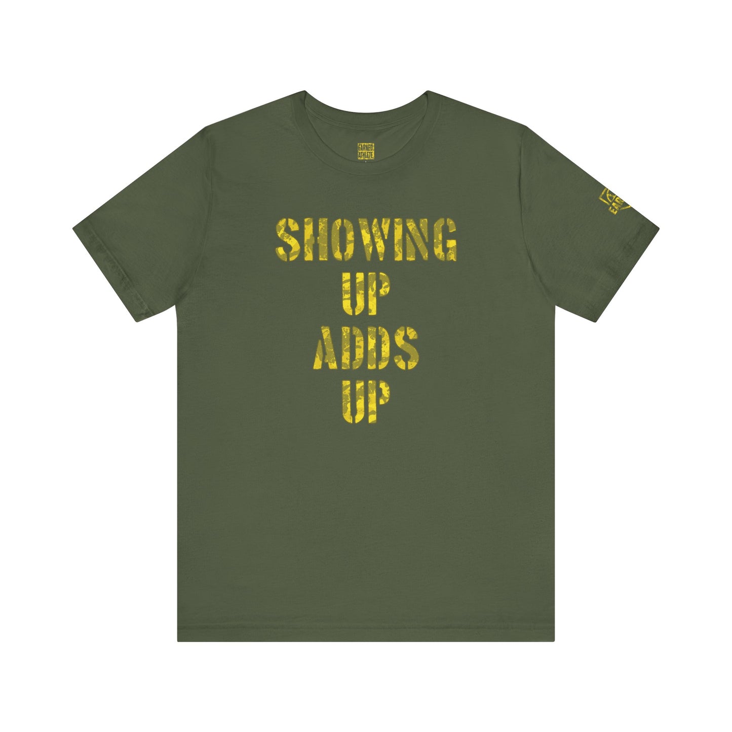 SHOWING UP ADDS UP Adult Tee (Yellow Camo Logo)