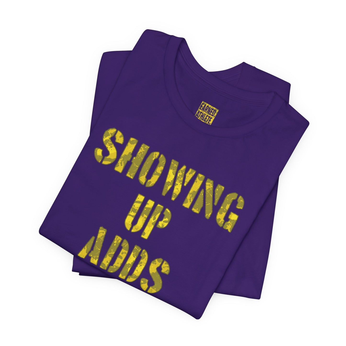 SHOWING UP ADDS UP Adult Tee (Yellow Camo Logo)