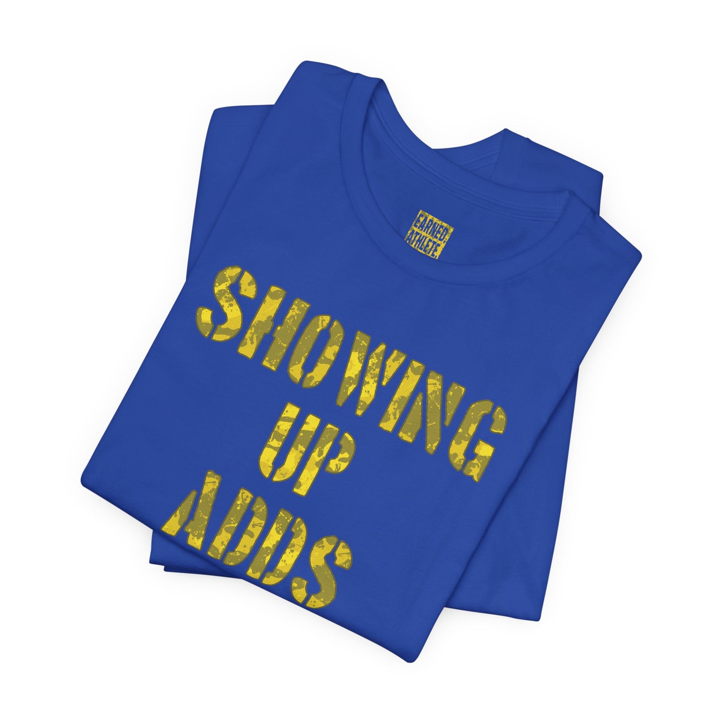 SHOWING UP ADDS UP Adult Tee (Yellow Camo Logo)