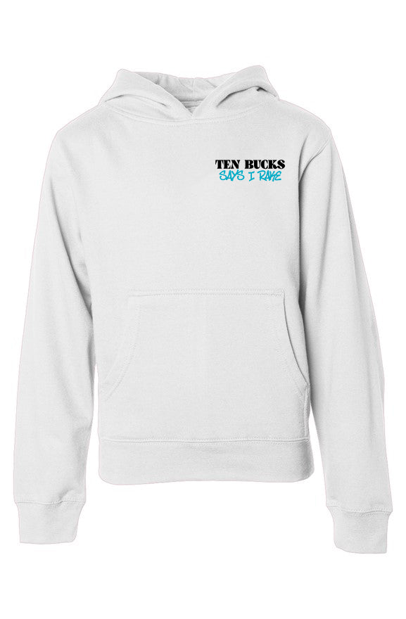 "Ten Bucks Says I Rake" Youth Hoodie (Blue Graphic) - White, front