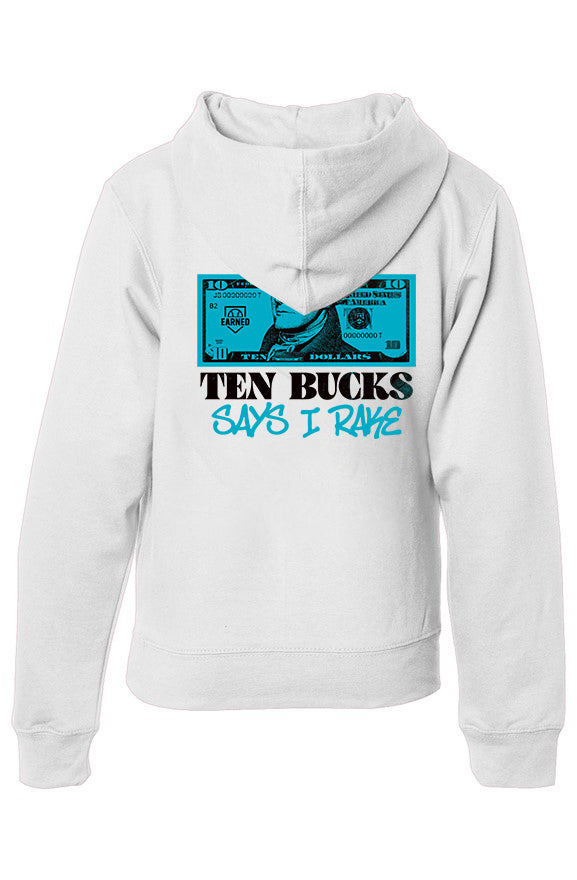 "Ten Bucks Says I Rake" Youth Hoodie (Blue Graphic) - White, back