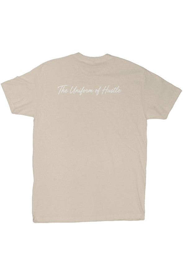 EARNED The Uniform Of Hustle Adult Tee (White Logo) - Sand, back