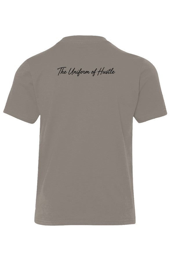 EARNED The Uniform Of Hustle Youth Tee (Black Logo) - Warm Grey, back