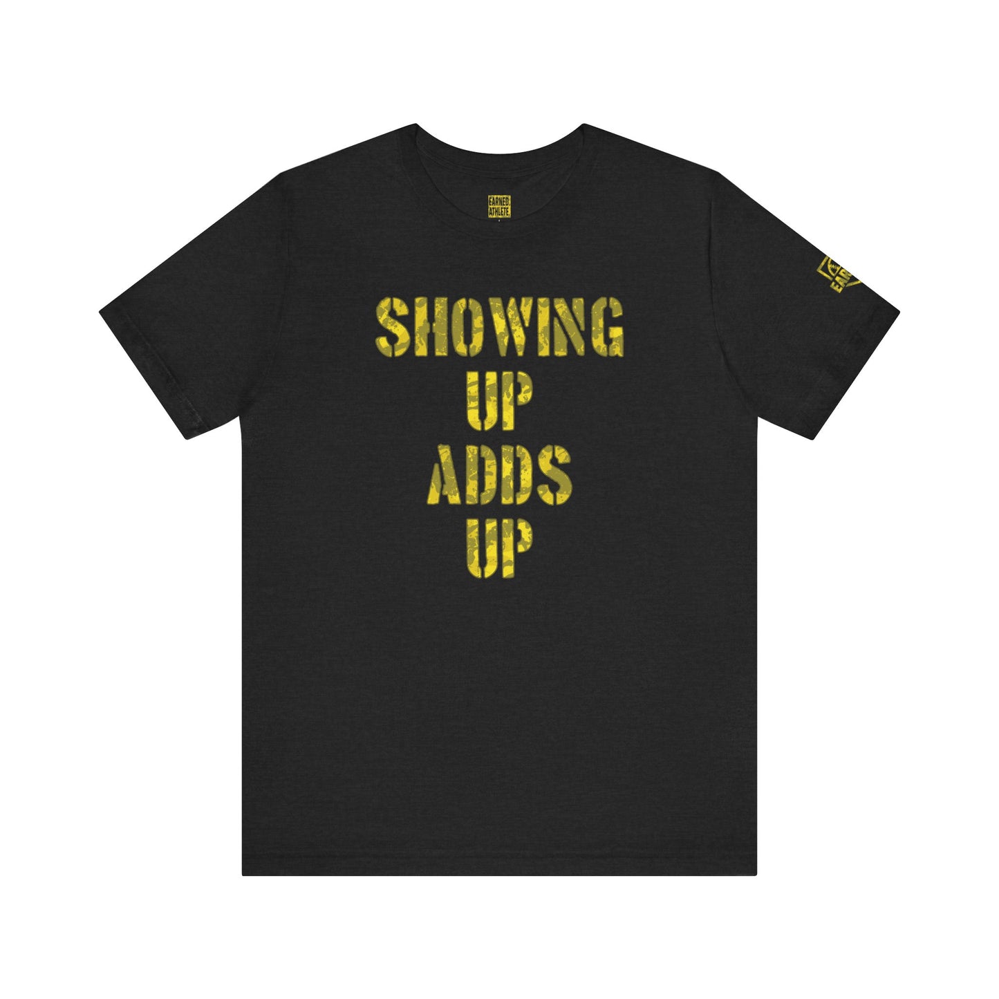 SHOWING UP ADDS UP Adult Tee (Yellow Camo Logo)