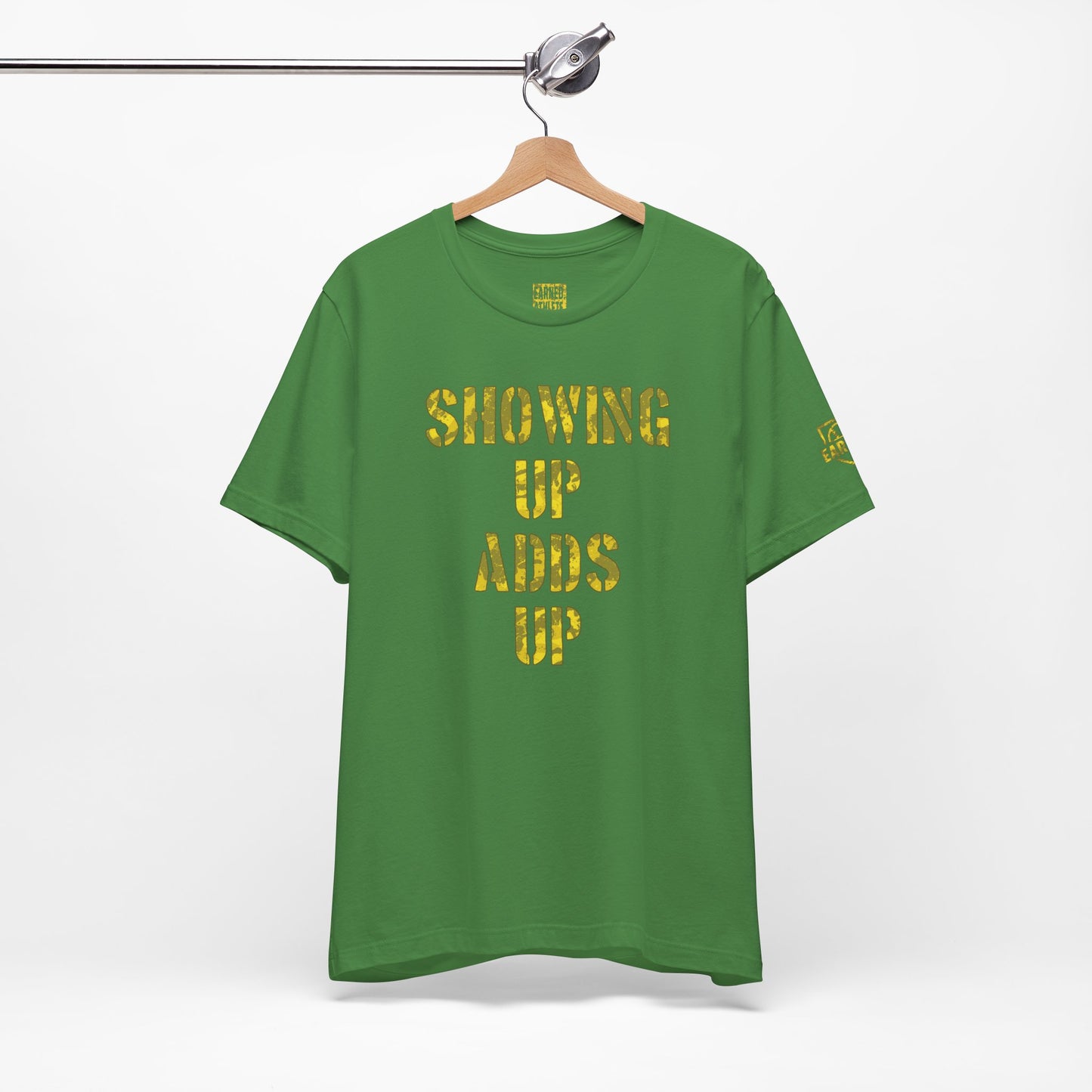 SHOWING UP ADDS UP Adult Tee (Yellow Camo Logo)