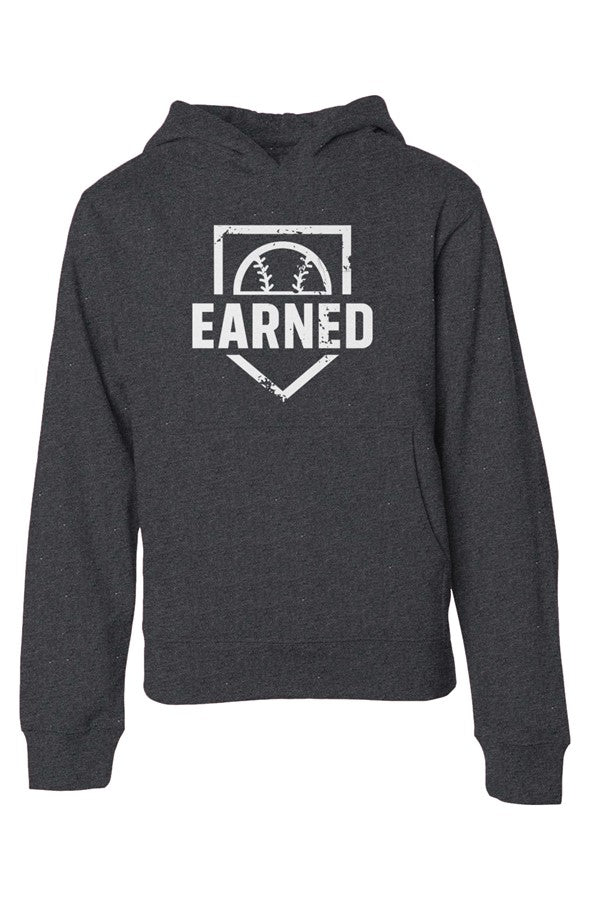 EARNED The Uniform Of Hustle Youth Hoodie (White Graphic) - Charcoal Heather, front